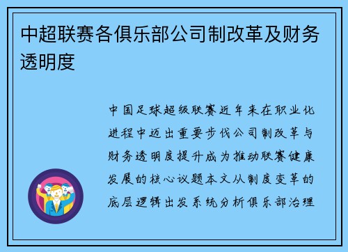 中超联赛各俱乐部公司制改革及财务透明度